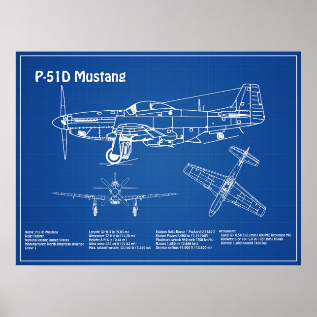P-51D Mustang - Flygplanets blåkopia AD Poster (Framsidan)