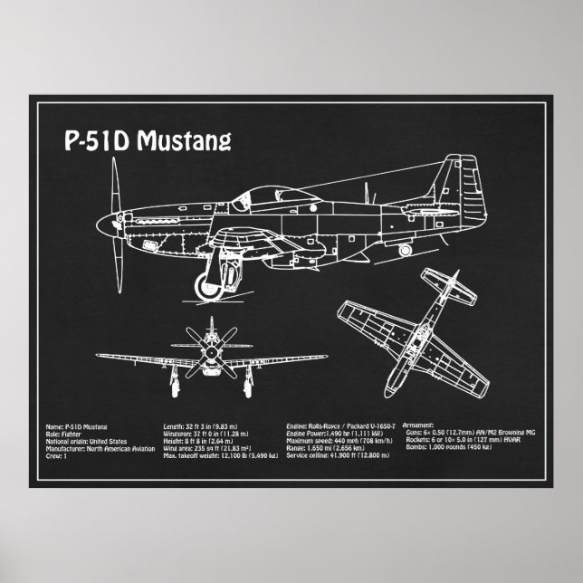 P-51D Mustang - Flygplanets utkast PD Poster (Framsidan)