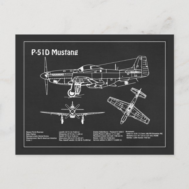 P-51D Mustang - Flygplanets utkast PD Vykort (Framsida)
