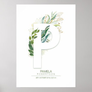 P Bokstavsmonogram Guld Grönska Chic Poster