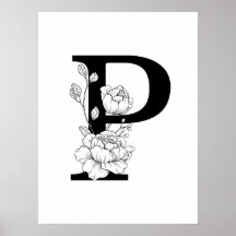 P botanical monogram. Letter initial with peonies