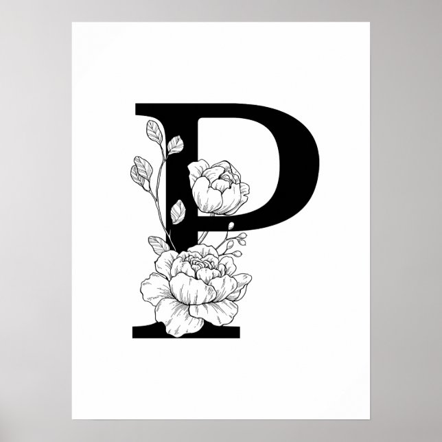 P botanical monogram. Letter initial with peonies Poster (Framsidan)