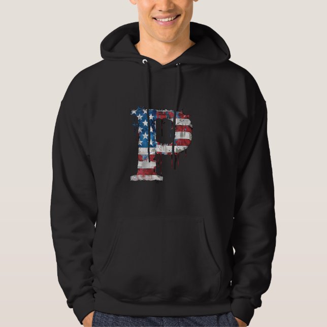 P Brev Initial Monogram Alphabet Patriotic Ameri Hoodie (Framsida)