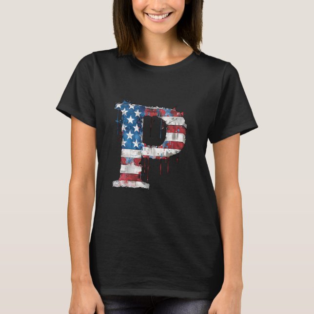 P Brev Initial Monogram Alphabet Patriotic Ameri T Shirt (Framsida)