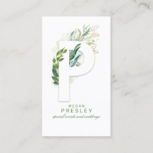 P Brev Monogram Guld Greenery Löv Elegant Visitkort