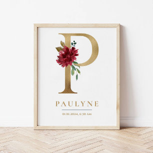 P Brev Monogram Namn Marsala Blommigt Nursery Poster