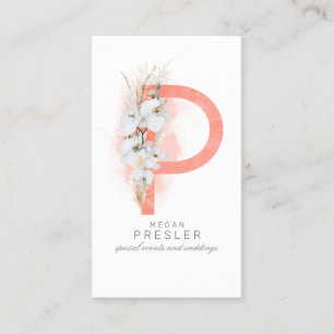 P Brev Monogram White Orchids och Pampas Grass Visitkort