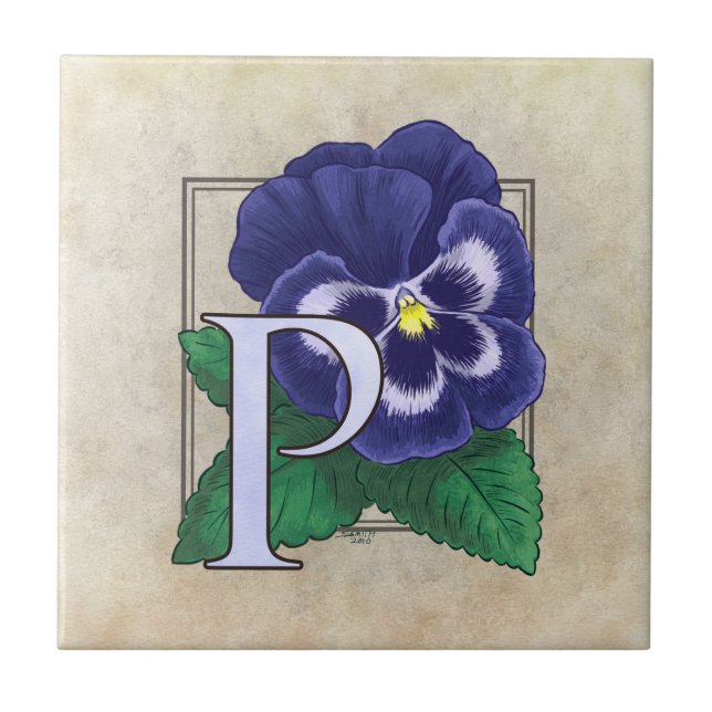 P för Pansy Flower Blommigt Monogram Kakelplatta (Framsidan)