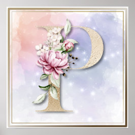 P Monogram Burgundy-Blommigt Poster