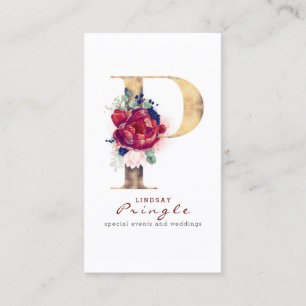 P Monogram Burgundy Guld och marinblå Blommigt Visitkort