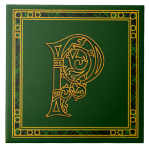 P Monogram"Irish Guld on Grönt" keramiskt plattor Kakelplatta