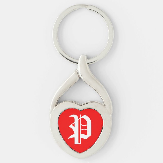 "P" Red Heart Keychain Twisted Heart Silverfärgad Nyckelring (Framsidan)