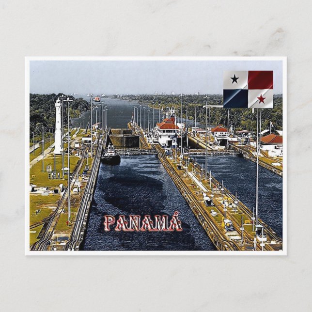 PA0003 Amerika - Panama - Kanallås - panoramabilde Vykort (Framsida)