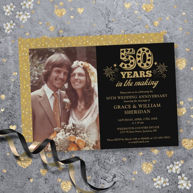 På 50-årsjubileet Skapar Photo Guld Black Inbjudningar (In The Making 50th Anniversary Photo Gold Black Invitation)