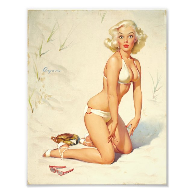 På Beach Retro Pin-up Girl Fototryck (Framsidan)