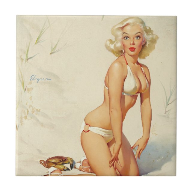 På Beach Retro Pin-up Girl Kakelplatta (Framsidan)