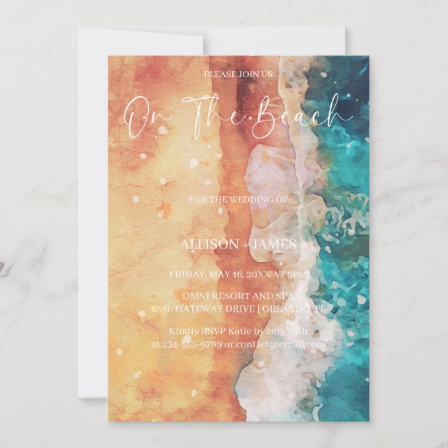 På Beach Watercolor Beach Wedding Inbjudningar (Framsida)