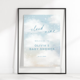 På Cloud 9 Dreamy Clouds Baby Shower Blue Välkomme Poster