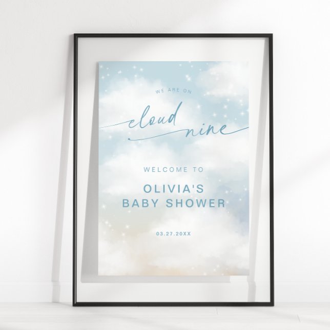 På Cloud 9 Dreamy Clouds Baby Shower Blue Välkomme Poster (Skapare uppladdad)