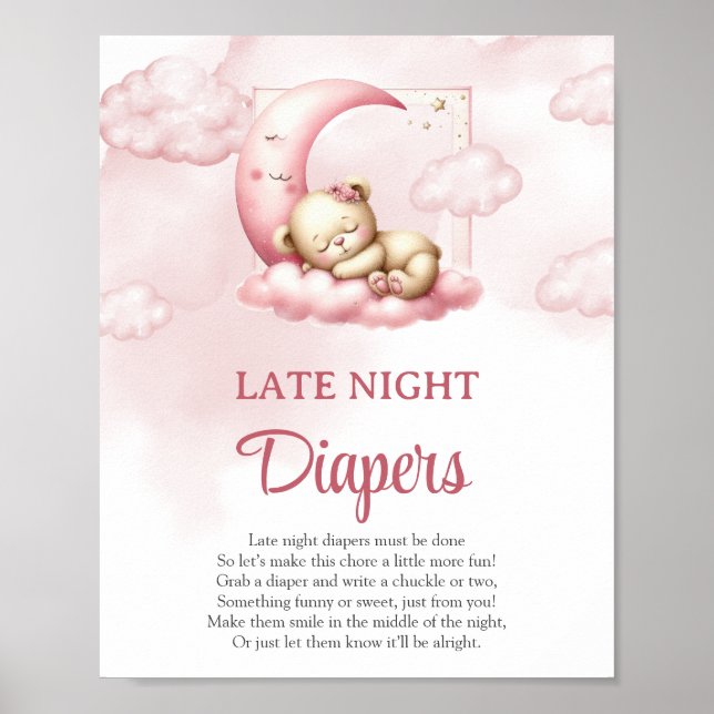 På Cloud 9 Söt Rosa Late Night Diaper-spelskylt Poster (Framsidan)