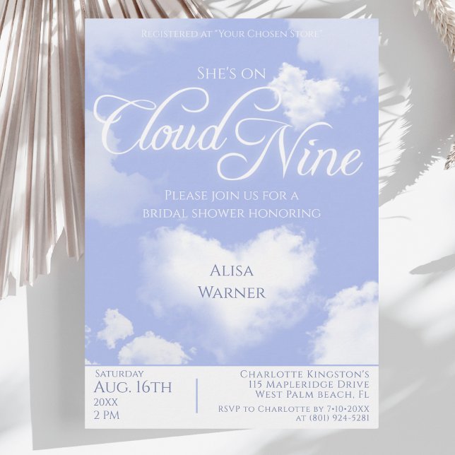 På Cloud Nine Dreamy Heart Clouds Möhippa Inbjudningar (She's On Cloud 9 Elegant Script Bridal Shower Invitation)