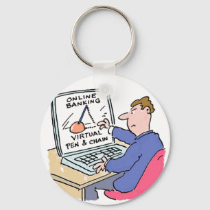 På Computer Online Banking Funny Tecknad Nyckelring