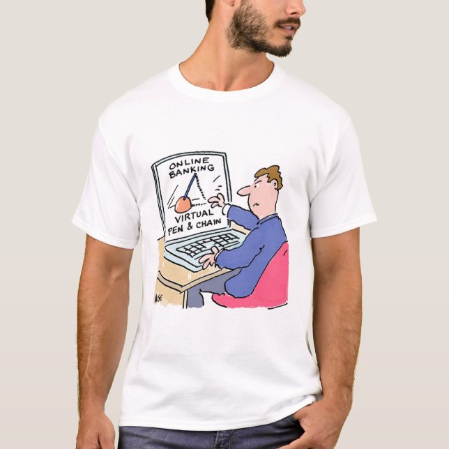 På Computer Online Banking Funny Tecknad T Shirt (Framsida)