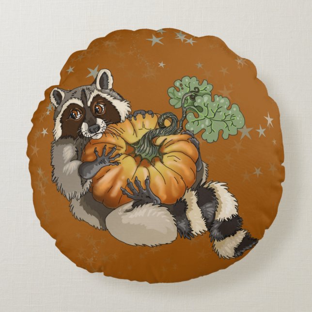 På en rulle Raccoon Pumpkin Höger Rund Kudde (Framsidan)