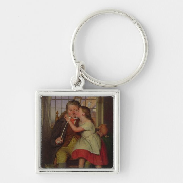 På farfar knä fyrkantig silverfärgad nyckelring (Framsidan)