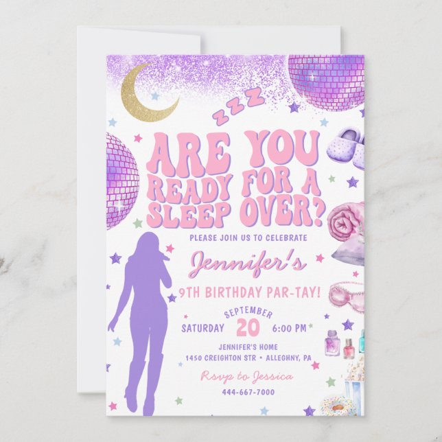 På födelsedagen Era Lila Sleepover Birthday Inbjudningar (Framsida)