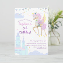 På födelsedagsinbjudan med en förtjusande unicorn.