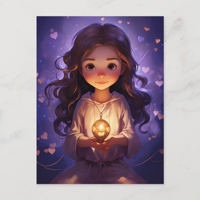 På fredens Söt Meditating Yoga Girl Lila Hearts Vykort (Framsida)