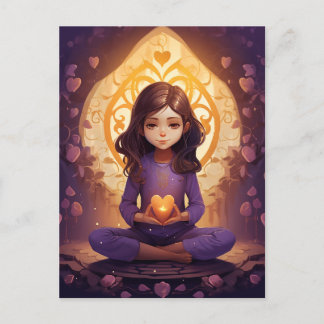 På fredens Söt Meditating Yoga Girl Lila Hearts Vykort