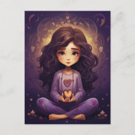 På fredens Söt Meditating Yoga Girl Lila Hearts Vykort