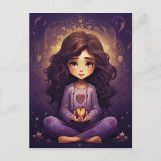 På fredens Söt Meditating Yoga Girl Lila Hearts Vykort
