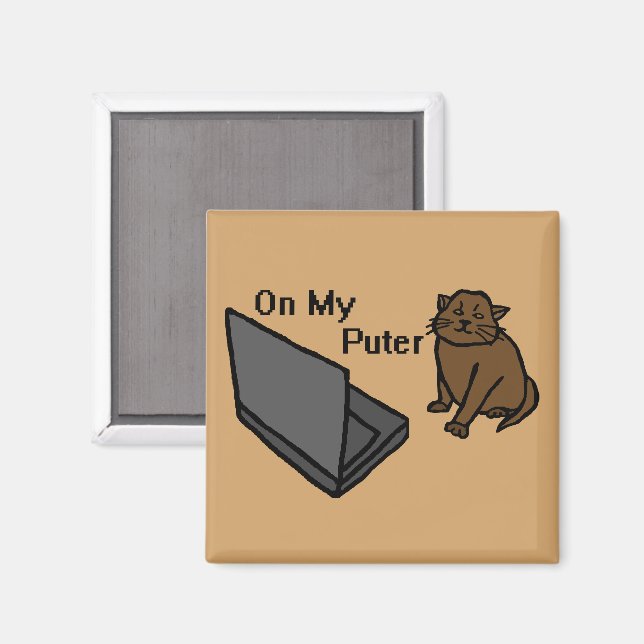 På Min Dator Rolig Dator Brun Katt Meme Magnet (Front/Back)