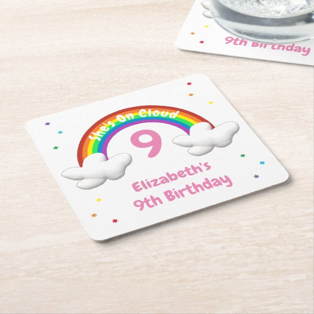 På moln 9! Rainbow Birthday Underlägg Papper Kvadrat (Vinklad)