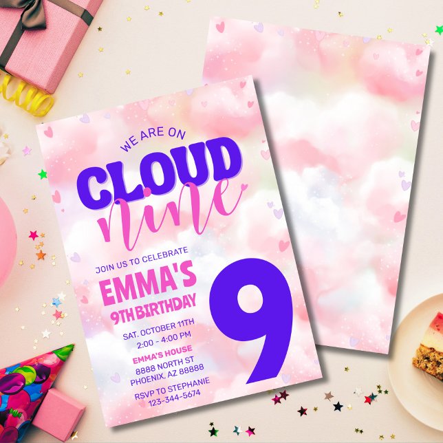 På moln Nionde Rosan nionde Födelsedagsfesten Inbjudningar (Dreamy On Cloud Nine birthday invitation with pastel clouds, editable for any age.)