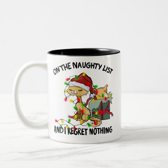 På Naughty List, den fina Cat-Helgdag Två-Tonad Mugg (Vänster)