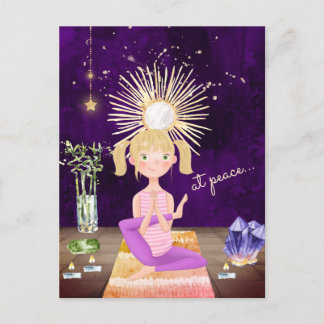 På Peace Meditative Blond Yoga Girl and Crystals Vykort