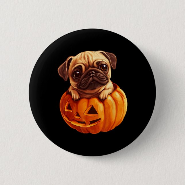 På Pumpkin Halloween Pugkin Cute Pug Halloween Knapp (Framsida)