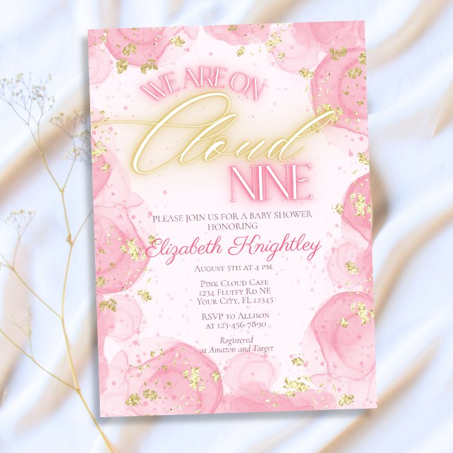 På Rosa Cloud Nine 9 Guld Glitter Baby Shower Inbjudningar (Skapare uppladdad)