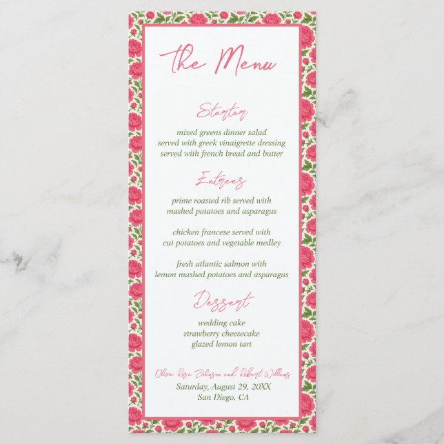 På Rosa Peony Botanical Bröllop Menu Meny (Framsida)