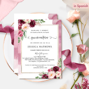 På spanska, Burgundy and Rosa Blommigt Quinceañera Inbjudningar