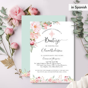 På spanska Chic Baptism Ro Guld, Mint Blommigt Inbjudningar