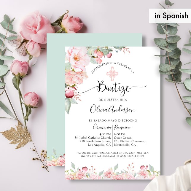 På spanska Chic Baptism Ro Guld, Mint Blommigt Inbjudningar (Skapare uppladdad)