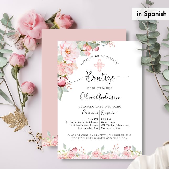 På spanska, Elegant Baptism  Rosa Blommigt Inbjudningar (Skapare uppladdad)