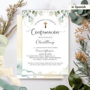 På spanska, Elegant Confirmation with Greenery Inbjudningar