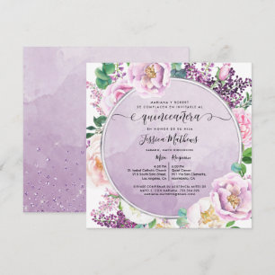 På spanska, Elegant Lila Blommigt Quinceanera Inbjudningar