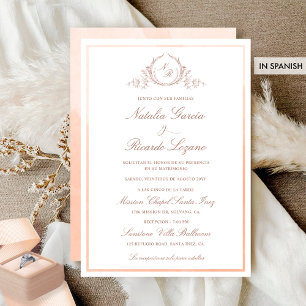 På spanska, Elegant Peach Monogram Bröllop Inbjudningar